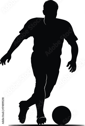 Silhouette of a soccer player dribbling the ball isolated on white background, showcasing athleticism, skill, and the dynamic movement of the sport