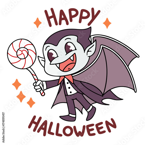 Cute Cartoon Vampire with Lollipop and Bat Wings – Happy Halloween Greeting Vector Illustration for Kids, Party, and Holiday Design