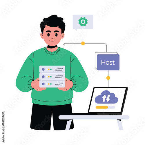 IT expert transferring data and upgrading to a new server system Illustration