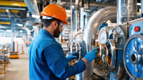 Industrial worker inspecting machinery in a factory