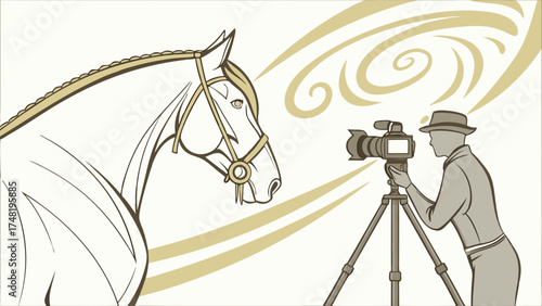 A graphic illustration of a horse and a photographer creative concept.