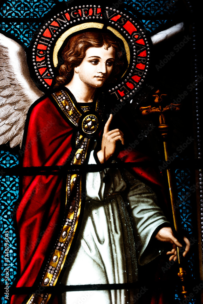 Obraz premium Saint Nicolas church. Stained glass. Archangel Gabriel.. Meursault. France.