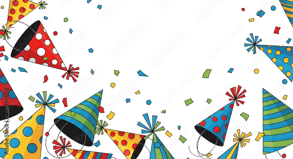 Fototapeta premium Colorful party hats and confetti isolated on transparent background