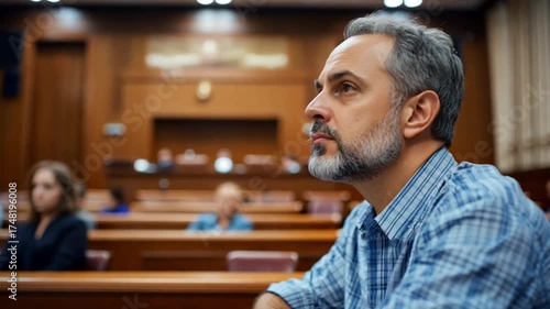 Man in courtroom, attentive, listening to proceedings. Possible use Stock photo for legal, education, or business themes