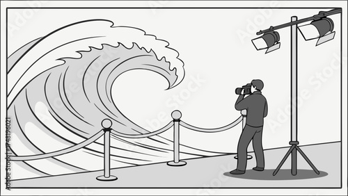 A photographer capturing an image of a large wave behind a barrier under studio lights.