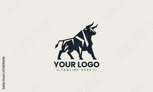 Powerful black vector logo illustration of a geometric stylized bull creating a strong financial and business symbol
