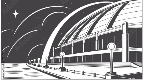 A stylized architectural illustration with art deco influence depicting a coastal scene with night sky elements.