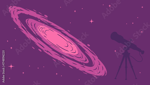 A stylized illustration depicting a galaxy and a telescope exploring space and celestial bodies.