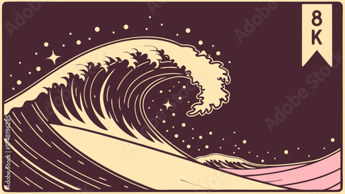 A stylized illustration of a wave with an 8K resolution indicator ideal for designs.