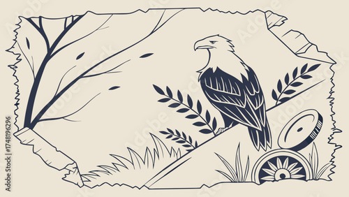 A stylized illustration of an eagle perching with decorative elements.