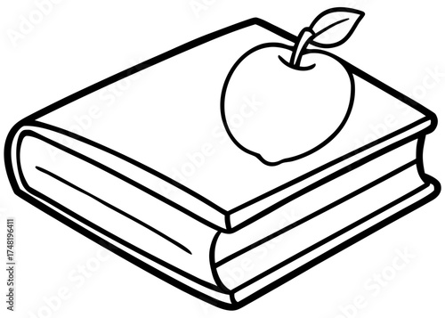 Simple black and white illustration of an open book with an apple on top symbolizing education and knowledge