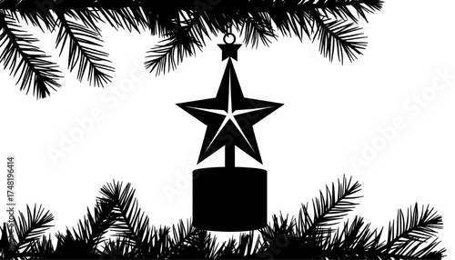 abstract silhouette of a star-shaped tower surrounded by stylized trees and foliage