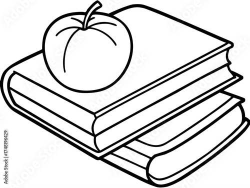 Simple line drawing of an apple resting on a stack of two open books representing education and learning