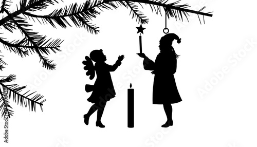  a silhouette of two children with a lantern under a stylized tree on a transparent background