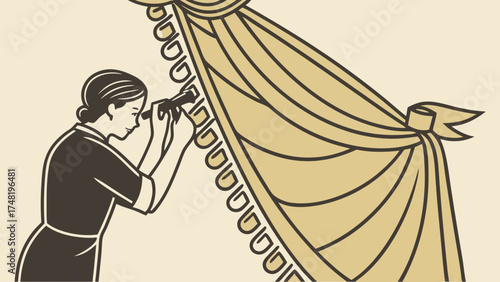 A woman looking through a telescope at a curtain in a vintage style design.