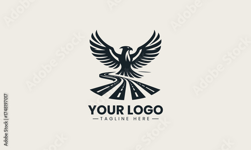 Bold black vector logo illustration of a powerful eagle with dynamic spread wings creating an authoritative and iconic symbol