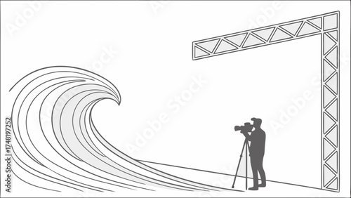Abstract illustration of a creative process with a wave and cameraman.
