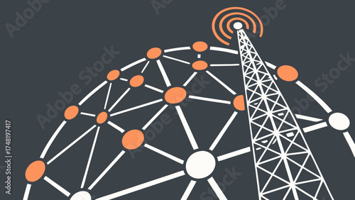 Abstract illustration of a network connection and communication tower technology and data transmission.