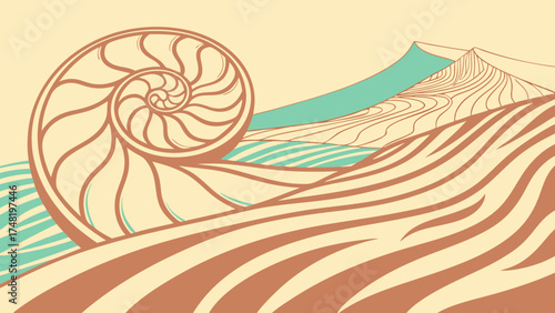 Abstract Illustration of a Nautilus Shell Dunes and Mountains.