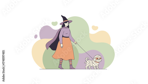 Woman witch walking a cute dog dressed as a mummy for Halloween Festive pet owner lifestyle