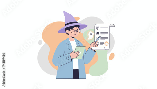 Wizard analyzing digital security checklist identifying threats and solutions with tablet Cybersecurity concept