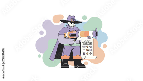 Playful character with candy cannon and warrant ready for Halloween trickortreating fun