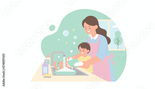 Happy mother and child washing dishes fostering family bonding and responsibility at home