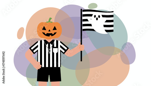 Playful Halloween referee with pumpkin head holds ghost flag Spooky sports official concept