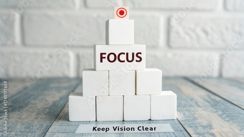 White Blocks with Text Focus and Keep Vision Clear on Wooden Table