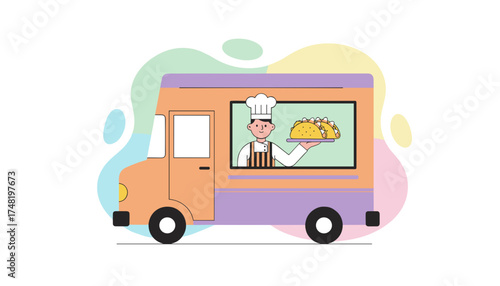Chef serving delicious tacos from a vibrant food truck Street food concept small business