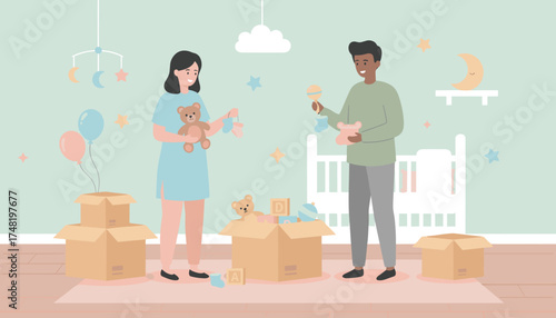 Happy couple preparing baby nursery unpacking toys and gifts Anticipation family new beginnings
