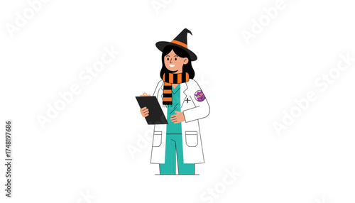 Happy medical professional in witch hat scarf and lab coat ready for Halloween fun