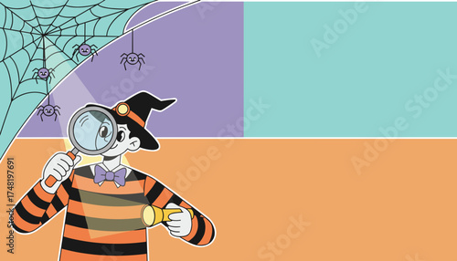 Witchwizard character exploring spooky spiderweb scene with magnifying glass  flashlight for Halloween fun