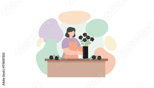 Florist arranging unique black roses in a vase Concept of small business creativity or unique floral design