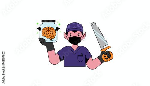 Cartoon vampire surgeon with brain in jar and saw spooky Halloween concept