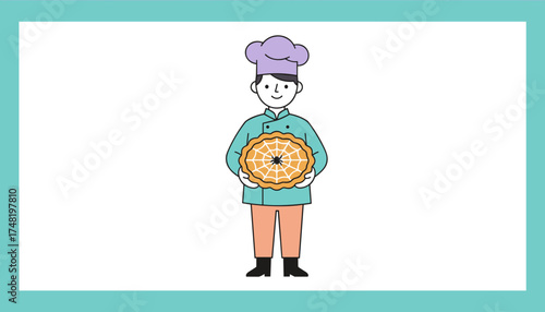 Smiling chef presents a festive Halloween pie with spiderweb and spider design Holiday baking fun