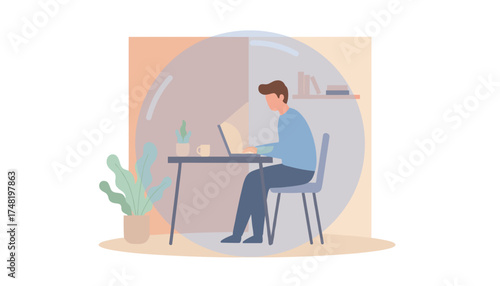 Focused man working remotely on laptop at home office depicting productivity and concentration