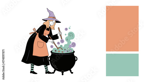 Cartoon witch stirring a bubbling cauldron brewing a magical potion for Halloween