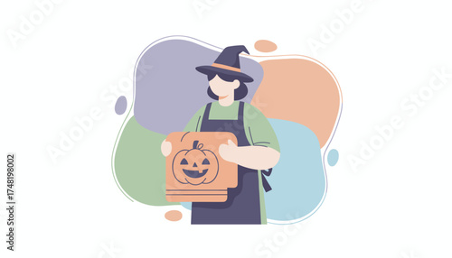 Person in witch hat holds pumpkinthemed items perfect for Halloween autumn or festive crafts