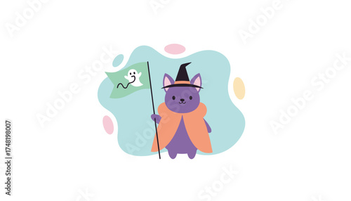 Adorable cat witch in costume holding a ghost flag perfect for Halloween fun