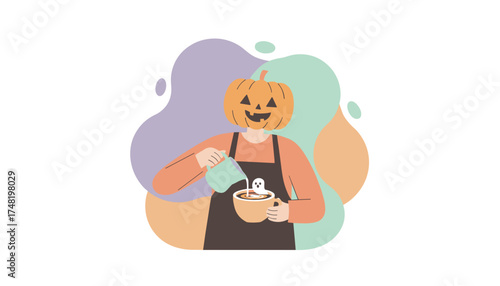 Halloween barista with pumpkin head crafting ghost latte art Seasonal drink concept
