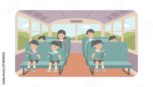 Children happily reading books on a bus enjoying a journey Education and travel concept