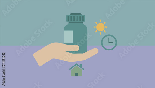 Hand holding medicine bottle with sun clock and house icons Daily health routine home care