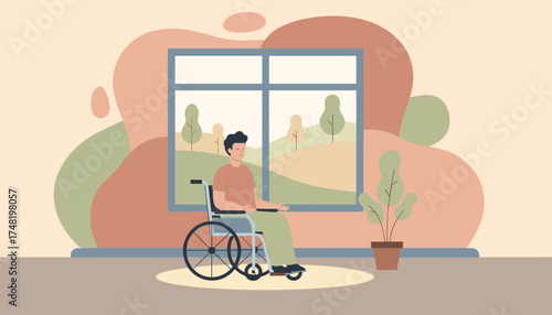 Man in wheelchair meditating by window embracing mindfulness and peace for mental wellness