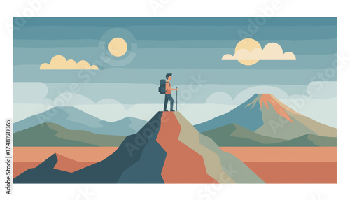 Hiker stands triumphantly on a mountain peak with a scenic volcanic landscape Adventure travel concept