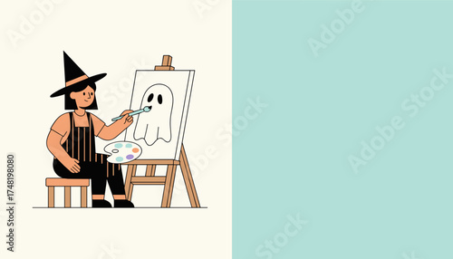Person in witch hat painting a Halloween ghost on an easel enjoying a creative hobby