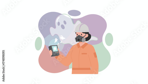 Professional in protective gear using a ghostdetecting device exploring the unknown mystery