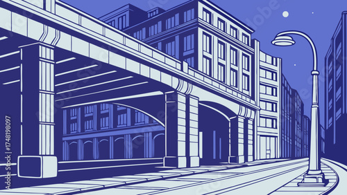 Illustration of an urban scene with elevated structure and buildings.