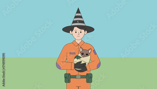 Person in witch hat holding cute baby bat in blanket Halloween fantasy care rescue concept
