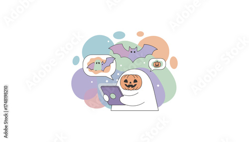 Cute ghost with pumpkin head uses tablet communicating Halloween fun online